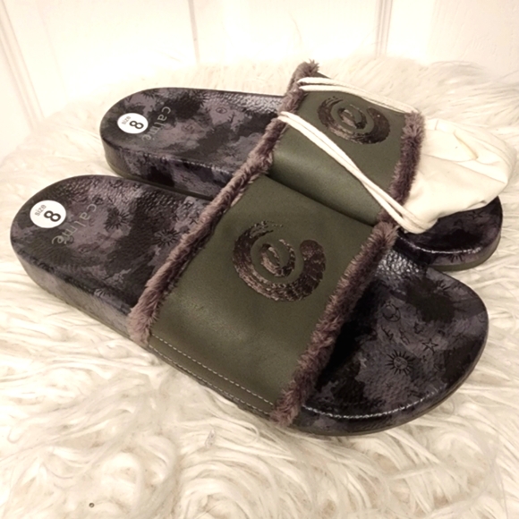 CALME by Johnny Was Space Camo Leather Faux Fur Slides Size 8 - Picture 2 of 8